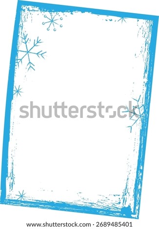 A grunge-style frame with snowflakes at the corners. The border features rough edges and delicate icy patterns. Cartoon vector illustration.