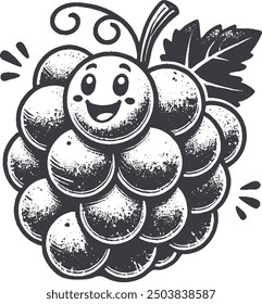 Grunge-Style Grapes Smiling Fruit Character with Texture, Rough Hand-Drawn with Grainy Print Effect.