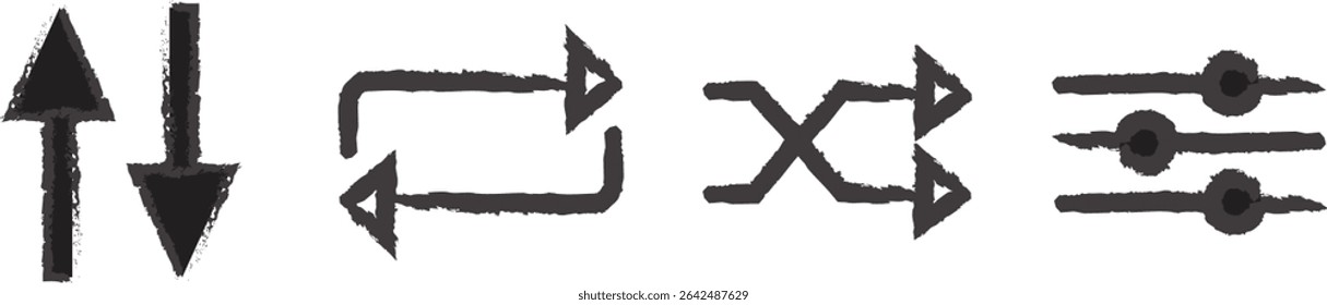 grunge-style icons - up and down arrow, repeat icon, shuffle icon and slider icon 