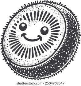 Grunge-Style Kiwi Smiling Fruit Character with Texture, Rough Hand-Drawn with Grainy Print Effect.