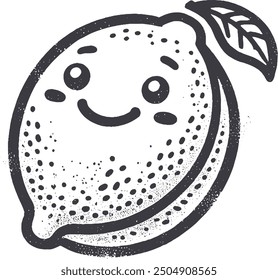 Grunge-Style Lemon Smiling Fruit Character with Texture, Rough Hand-Drawn with Grainy Print Effect.