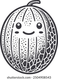 Grunge-Style Melon Smiling Fruit Character with Texture, Rough Hand-Drawn with Grainy Print Effect.