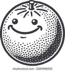 Grunge-Style Orange Smiling Fruit Character with Texture, Rough Hand-Drawn with Grainy Print Effect.