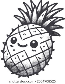 Carácter sonriente de la fruta de la piña del estilo del grunge con la textura, mano áspera dibujada con efecto granulado de la impresión.