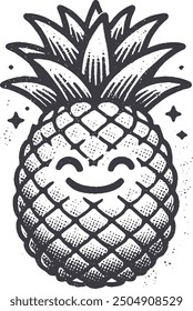 Grunge-Style Pineapple Smiling Fruit Character with Texture, Rough Hand-Drawn with Grainy Print Effect.