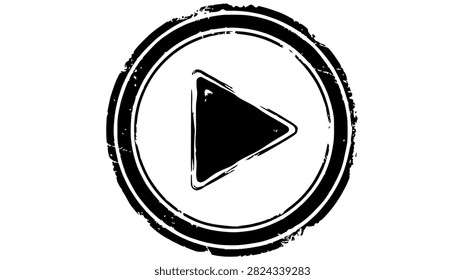 A grunge-style play button icon with a distressed circular border.