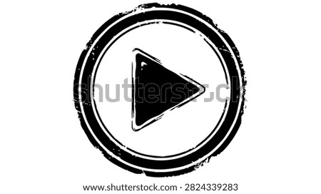 A grunge-style play button icon with a distressed circular border.
