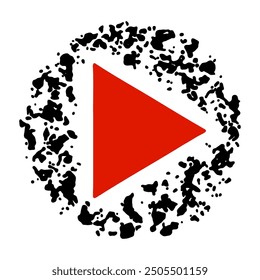 Grunge-style play button icon featuring a red triangle surrounded by a textured black circular pattern on a white background. Vector illustration.