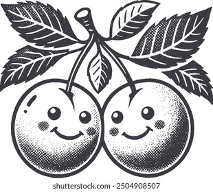 Ciruelas de estilo grunge Carácter sonriente de la fruta con la textura, mano áspera dibujada con efecto granulado de la impresión.