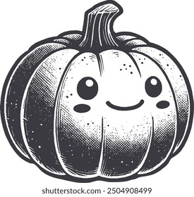 Grunge-Style Pumpkin Smiling Vegetable Character with Texture, Rough Hand-Drawn with Grainy Print Effect.