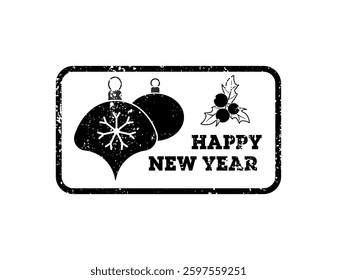 Grunge-style rectangular emblem with Christmas ornaments and "Happy New Year" text, isolated on white background.