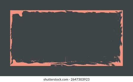 Grunge-style rectangular frame with rough edges and distressed texture, shown in coral and black colors on a dark background. Vector illustration