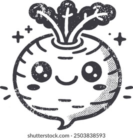 Grunge-Style Reddish Smiling Vegetable Character with Texture, Rough Hand-Drawn with Grainy Print Effect.