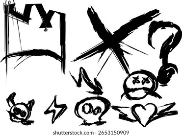 O esboço estilo Grunge é um conjunto de símbolos cômicos expressivos, incluindo setas, rostos, coração, ponto de interrogação e traços em negrito. Perfeito para mangá, grafite ou desenhos ousados.
