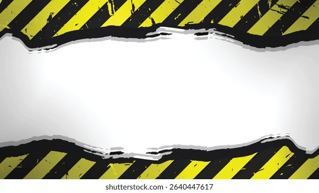 A grunge-style vector background design with black and yellow warning lines and a dramatic tear effect. Suitable for construction, hazard or industrial themes.