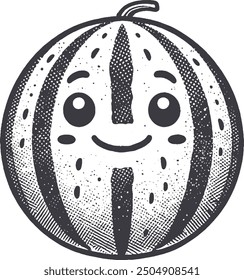 Grunge-Style Watermelon Smiling Fruit Character with Texture, Rough Hand-Drawn with Grainy Print Effect.