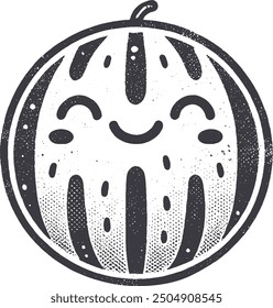 Grunge-Style Watermelon Smiling Fruit Character with Texture, Rough Hand-Drawn with Grainy Print Effect.