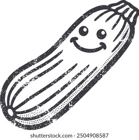 Grunge-Style Zucchini Smiling Vegetable Character with Texture, Rough Hand-Drawn with Grainy Print Effect.