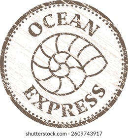 A grunge-styled stamp presents a nautilus shell.  The circular emblem features a marine mollusk within text that reads 'Ocean Express'. Cartoon vector illustration