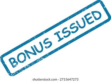 Uma impressão de carimbo de borracha azul texturizada grunge mostrando "BÔNUS EMITIDO" diagonalmente em uma superfície branca nítida, indicando distribuição financeira.