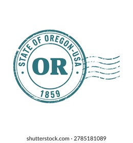 A grunge-textured vector illustration of the State of Oregon USA stamp with a postal mark and the year 1859.