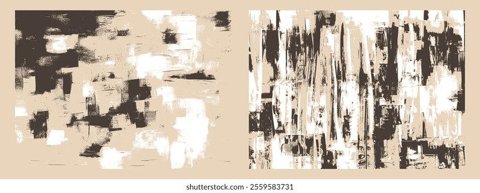 Grungy abstract backgrounds set with dark paint, featuring dynamic and textured strokes, evoking a rhythmic composition inspired by intensity and balance