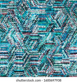Grungy Abstract Geometric Seamless Pattern Teal cyan hexagon tiling geo graphic motif with linen fabric texture overlay. Spliced stripes in tiles. Repeat jpg swatch.