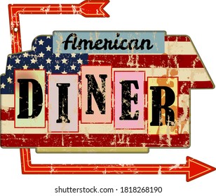 Grungy American Diner Sign, Retro Grungy Vector Illustration