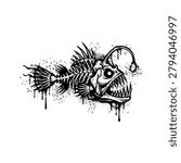Grungy Anglerfish Skeleton Stencil Vector Graphic With Artistic Spray Paint Drips