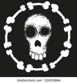 Grungy art print with skull and bones. Vector illustration.