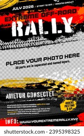 Grungy background with abstract tire tracks, chess flag and place for your photo and text - off-road rally poster template. Vector illustration.