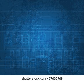 Grungy background with building facade drawings. Eps10 vector