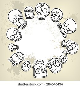 grungy background with different cute sketchy  skulls 