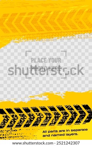 Grungy background frame with abstract tire tracks and arrows for your rally car design, place for your photo background - vector illustration