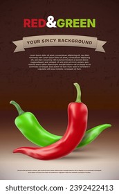 Grungy background with red and green chilli peppers and copy space - vector illustrations