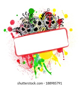 Grungy background with skulls with patterned and colored blots. Vector illustration.