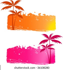 Grungy backgrounds with palm trees and halftone elements - orange and pink
