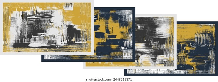 Fondos gruñones trazos de pintura áspera en lienzo, conjunto de cuatro pinturas abstractas, fondo de rayado