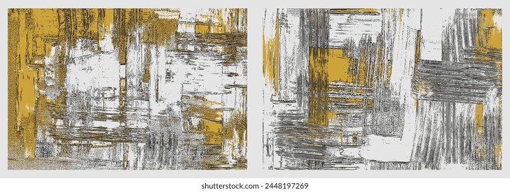 Grungy birch backgrounds rough paint strokes on canvas, set of two
 abstract paintings, cross hatching backdrop