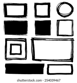 Grungy black frames. Set of graphic artistic elements. Square and rectangular backgrounds. Empty ink borders