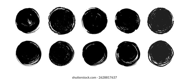 Grungy black ink circle set. Hand drawn rough round shapes with crayon, pencil, brush texture in punk zen style. Scribbled vector shapes as sun symbols or abstract design Chinese, Japanese  elements
