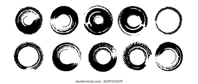 Grungy black ink circle set. Hand drawn rough round shapes with crayon, pencil, brush texture in punk zen style. Scribbled vector shapes as sun symbols or abstract design Chinese, Japanese  elements