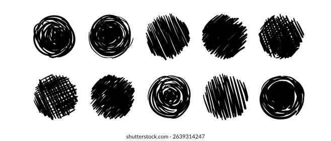 Grungy black ink circle set. Hand drawn rough round shapes with crayon, pencil, brush texture in punk zen style. Scribbled vector shapes as sun symbols or abstract design Chinese, Japanese  elements