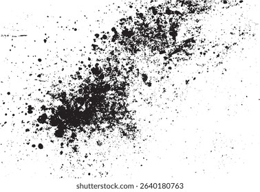 Grungy black paint splatter texture on a white background creating a rough uneven surface for abstract artistic design elements and backgrounds