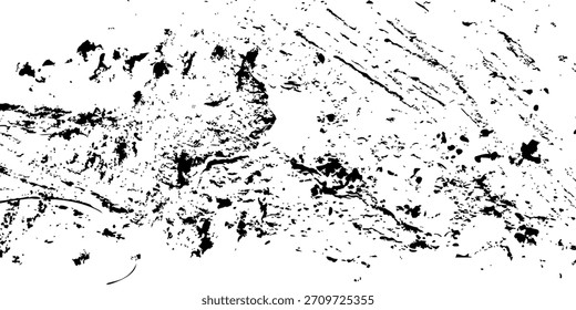 Grungy black paint splatter texture on a white background creating a rough uneven surface for abstract artistic design elements and backgrounds. modern art vector grunge