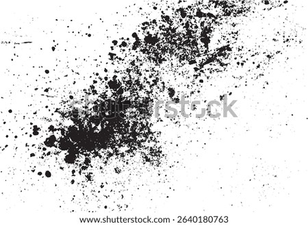 Grungy black paint splatter texture on a white background creating a rough uneven surface for abstract artistic design elements and backgrounds