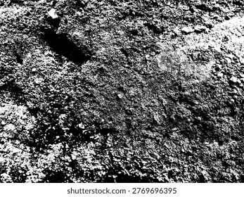 Grungy black and white vector of a mossy brick wall texture. High-contrast distressed surface with organic moss details, perfect for vintage backgrounds and urban graphic design elements.