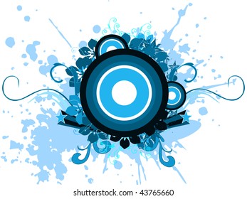 grungy blue artwork background with creative blossoms, circles