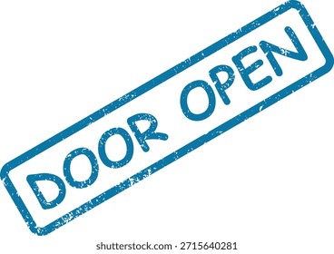Texto de efeito de carimbo de borracha azul grungy "DOOR OPEN" em um quadro retangular, isolado em um fundo branco limpo, sinalizando disponibilidade.