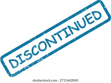Grungy blue rubber stamp effect text "DISCONTINUED" in a rectangular frame, isolated on a clean white background, marking an end.